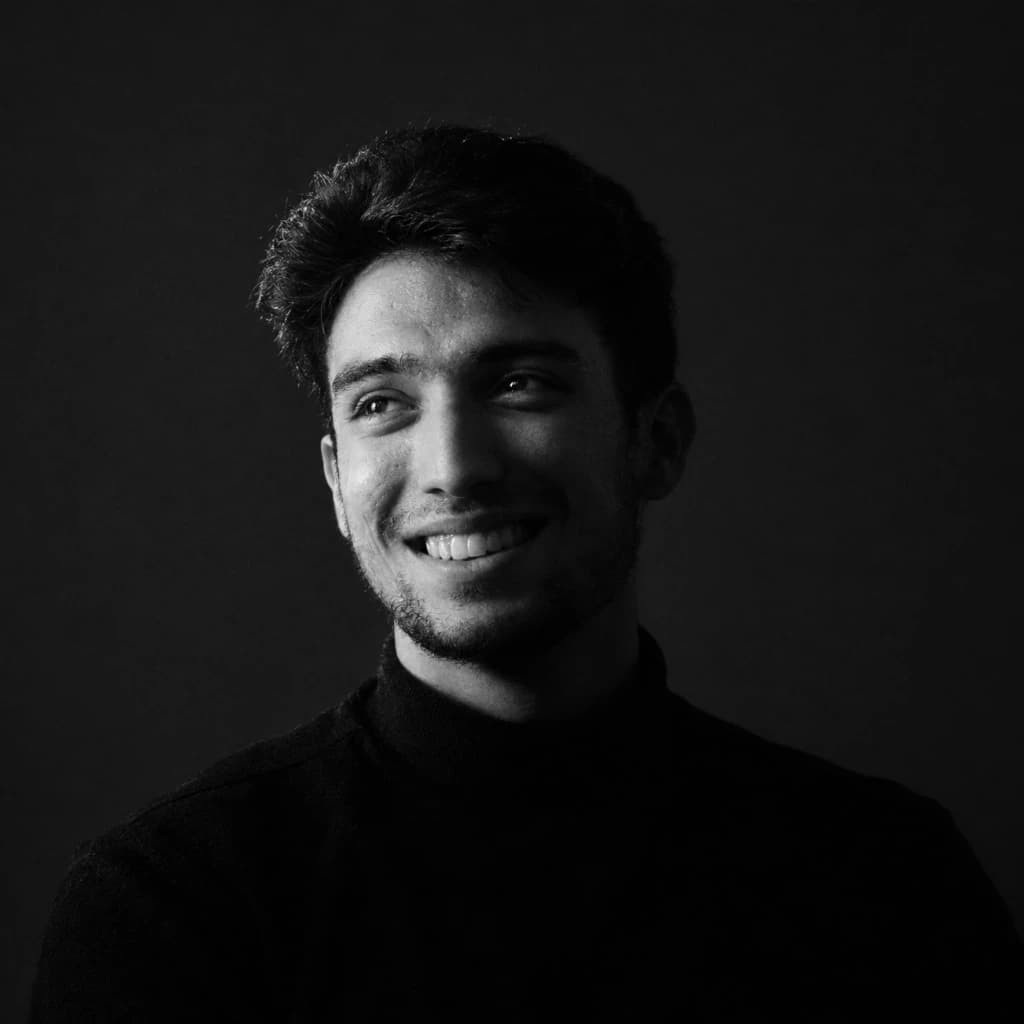 Portrait of Matin Askari, black and white